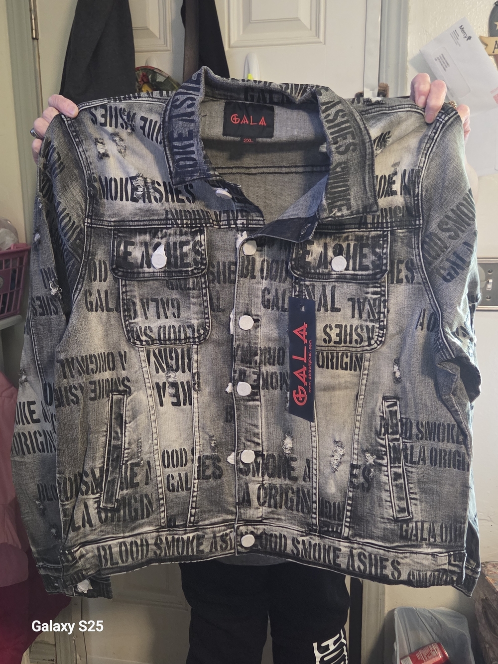 GALA Men’s Distressed Grey Graphic Denim Bomber Jacket